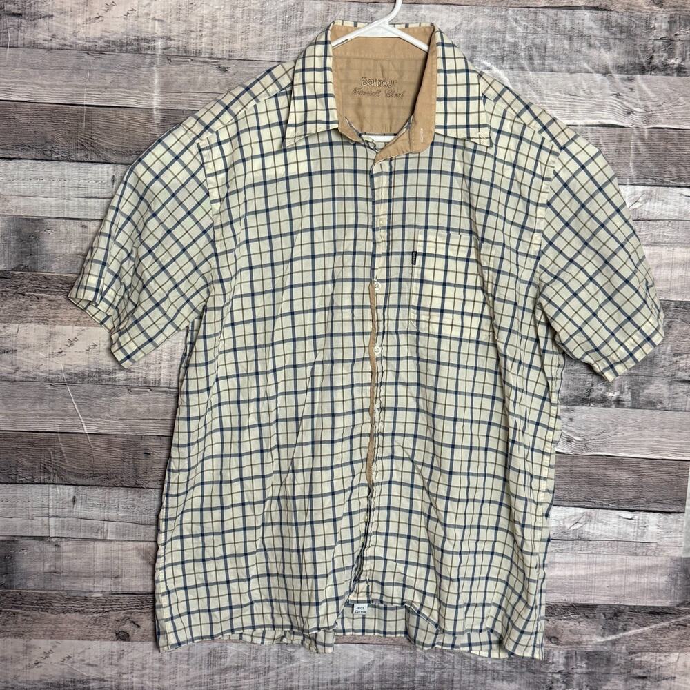 Barbour Tattersall Shirt Mens XL Beige Plaid Button Up Short Sleeve Ligthweight